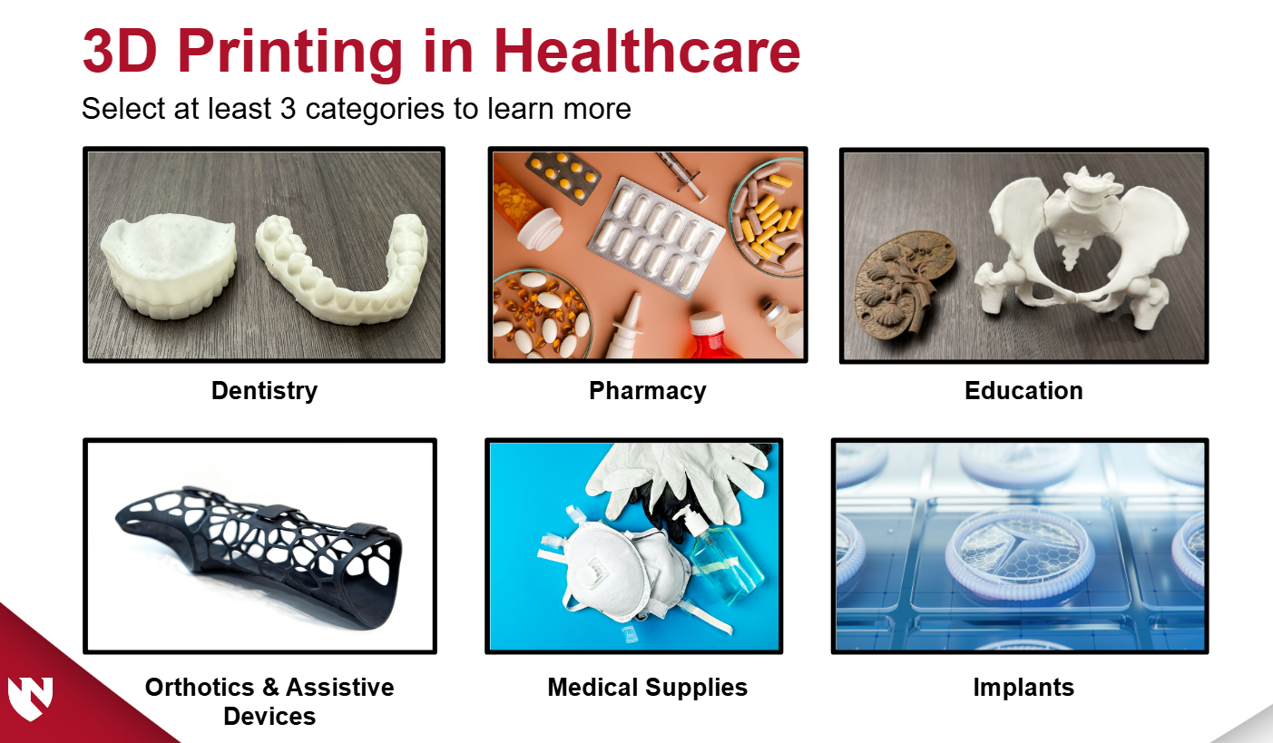 Module screenshot showing 3D printing examples in various categories.
