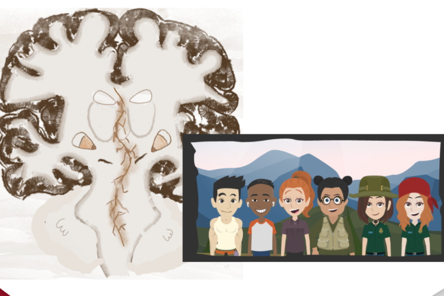 Module screenshot showing a cross-section of a human brain and a cartoon illustration of six hikers in front of mountains