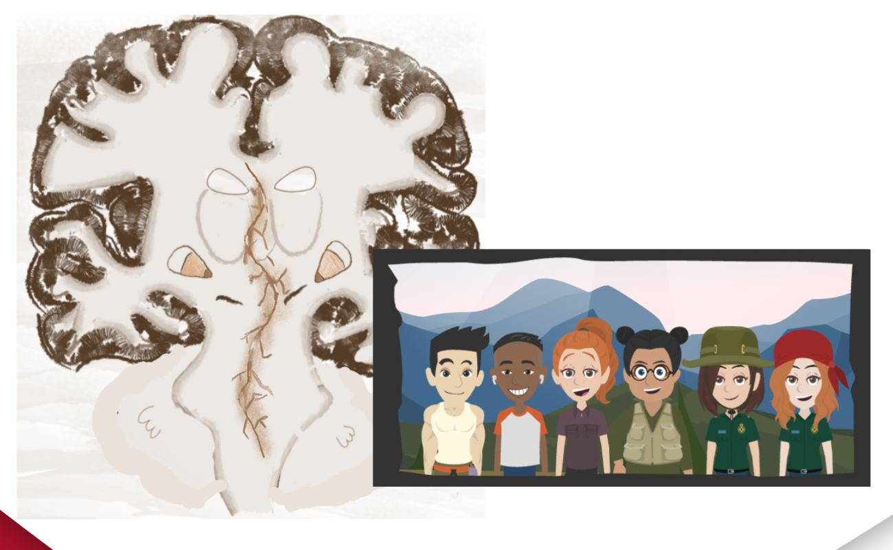 Module screenshot showing a cross-section of a human brain and a cartoon illustration of six hikers in front of mountains