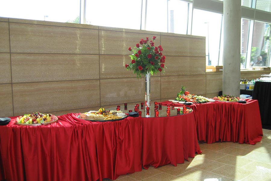 An elegant buffet set-up in the Atrium for a cocktail reception.