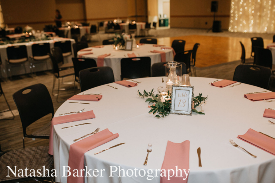 A wedding reception set-up in the Truhlsen Events Center. 