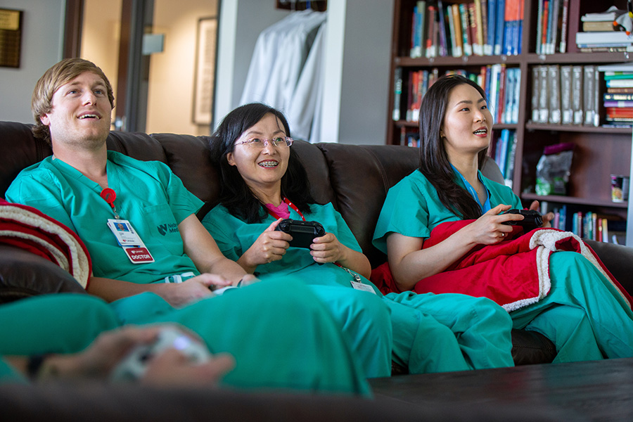 Ophthalmology residents relax in the resident lounge