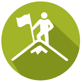 icon of leader, holding a flag reaching mountain peak