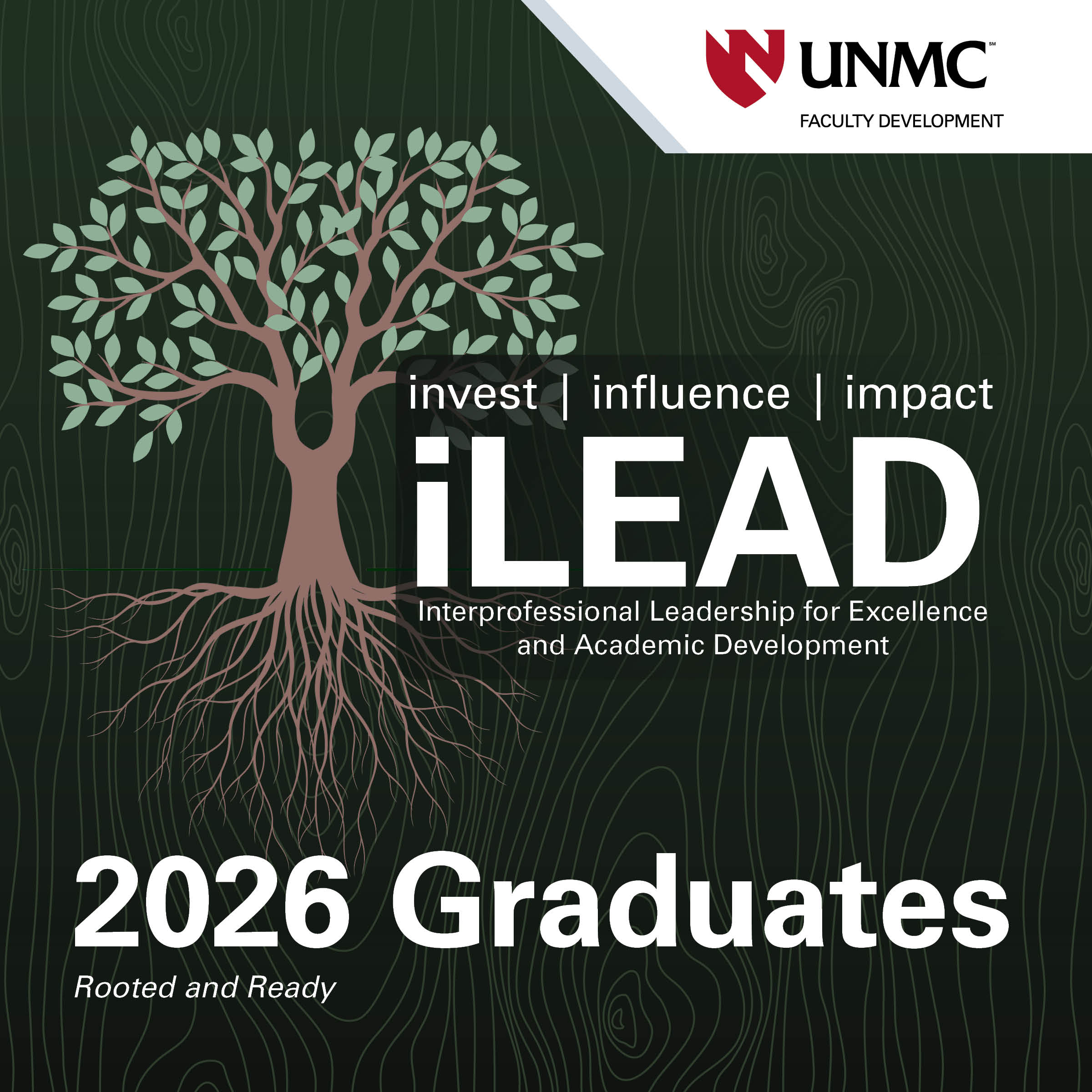 The cover of the 2026 iLEAD Graduation booklet. A tree with full branches of leaves and an equally-sized network of roots.