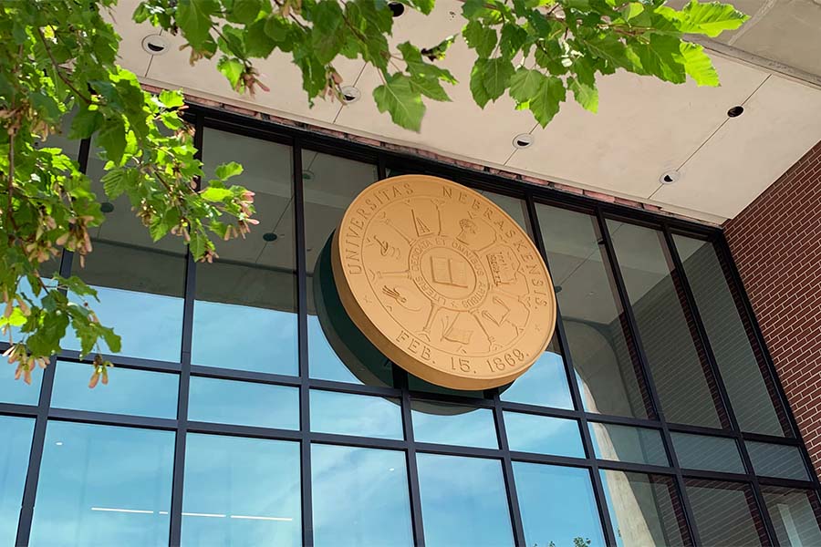 photo of library entrance with Nebraska seal