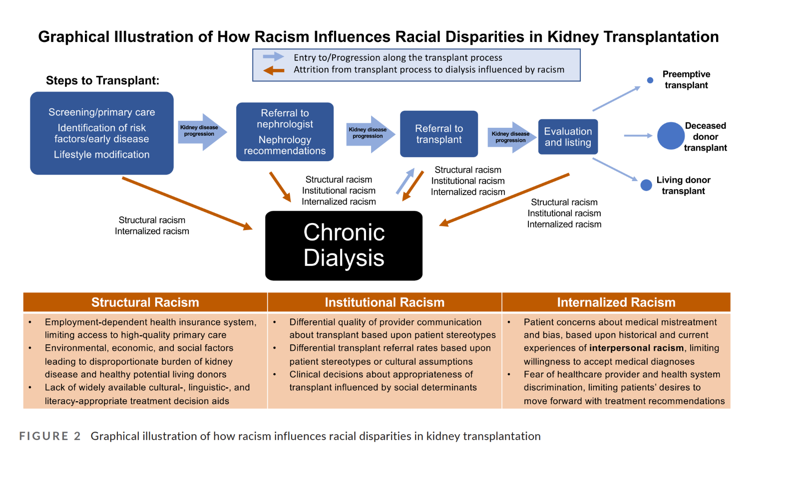 graphical illustration of how racism influences real disparities in kidney transplantation