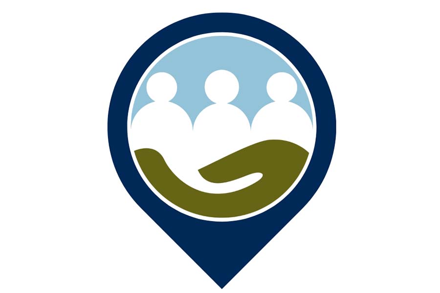 circle with three people silhouettes sitting on top of green grass