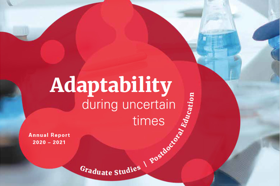 A decorative image reading "Adaptability during uncertain times, annual report 2020-2021, graduate studies/professional education"
