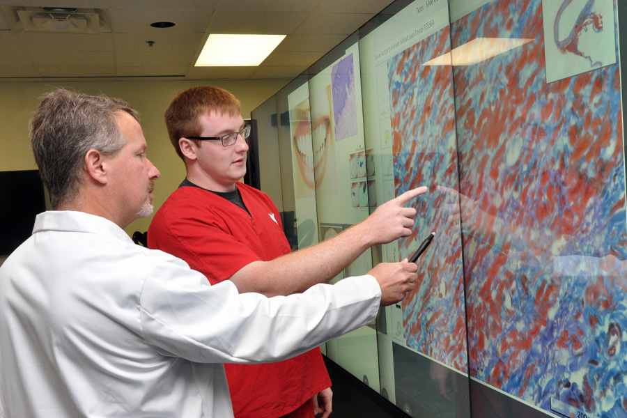 Two men consult a printed diagram.