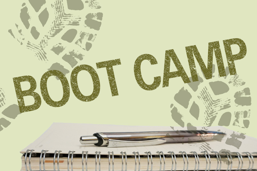 Pen and paper with boot marks overlaid and the word "boot camp"