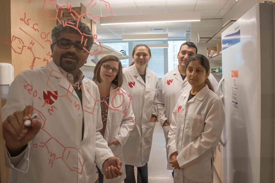 Students work with a professor in a lab