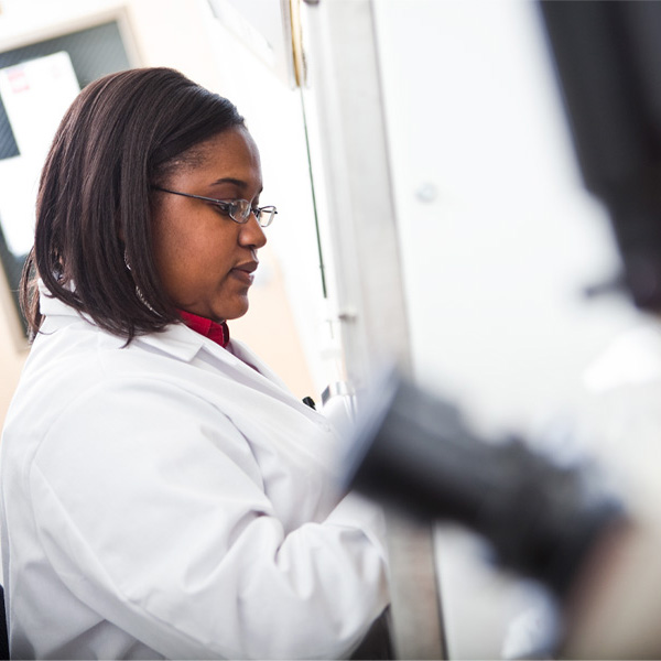 A health care professional works in a lab