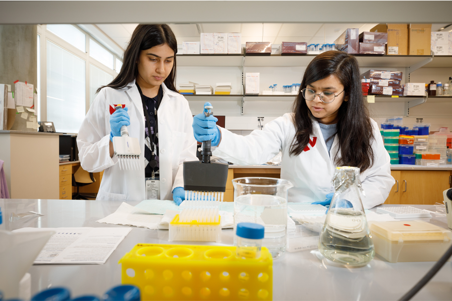 A researcher wearing gloves cleans a piece of equipment