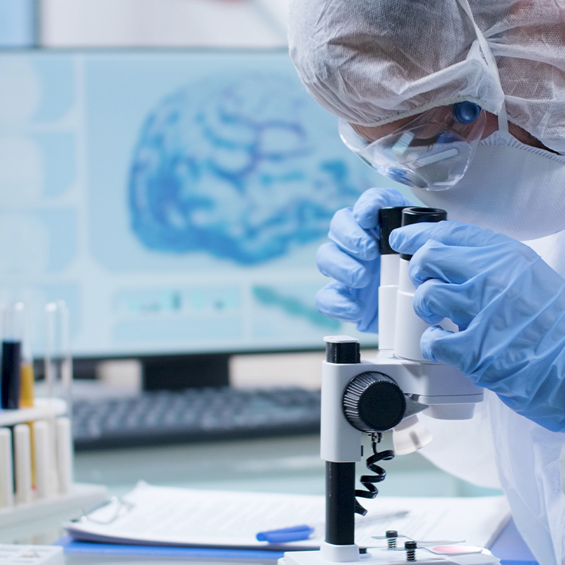 Person looks through microscope.