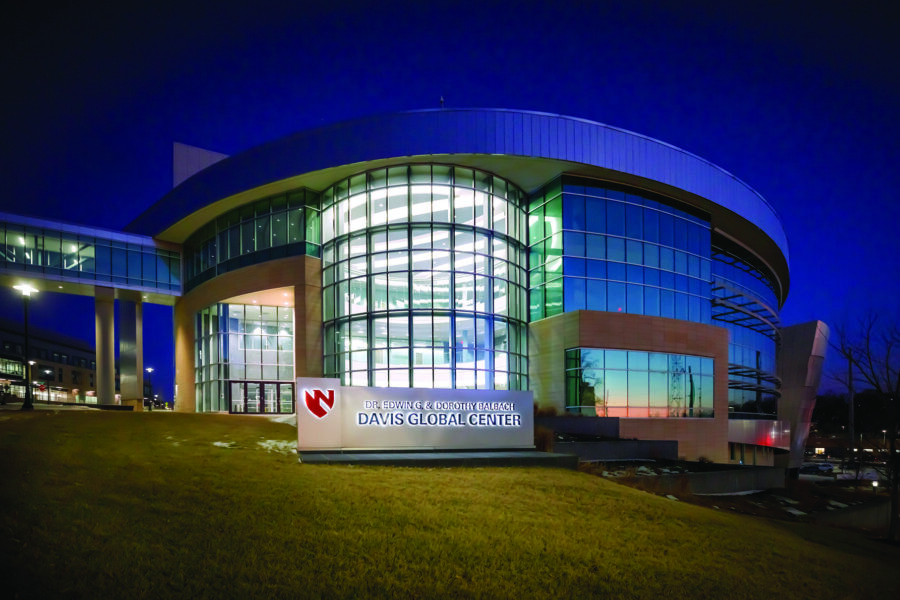 A view of the Davis Global Center at UNMC at night. 