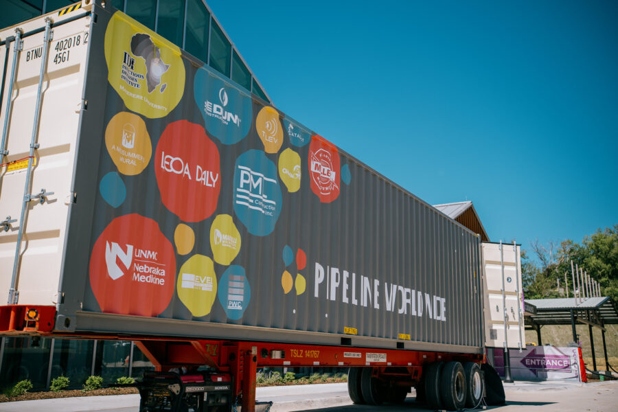 A shipping container that has been transformed into a remote simulation training lab.