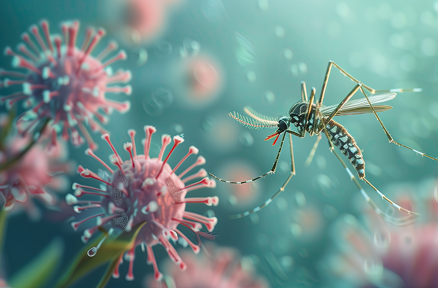 AI generated close-up illustration of a mosquito near floating, spiky virus particles in a soft, microscopic-style background.