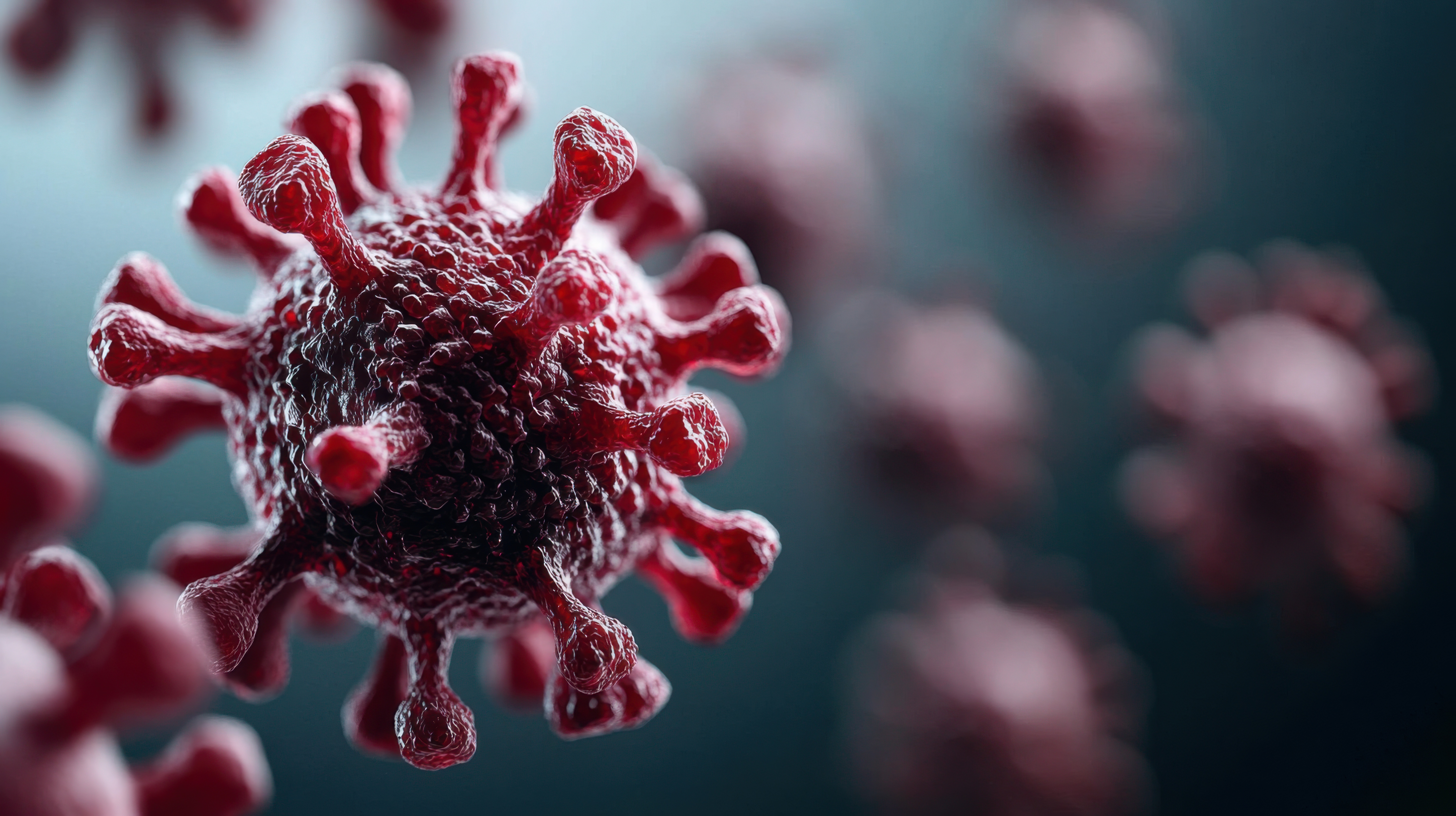 Close‑up, three‑dimensional illustration of a red virus particle with a textured surface and multiple rounded spike projections extending outward. The virus appears suspended in space against a blurred blue‑gray background, with additional out‑of‑focus virus particles visible behind it.