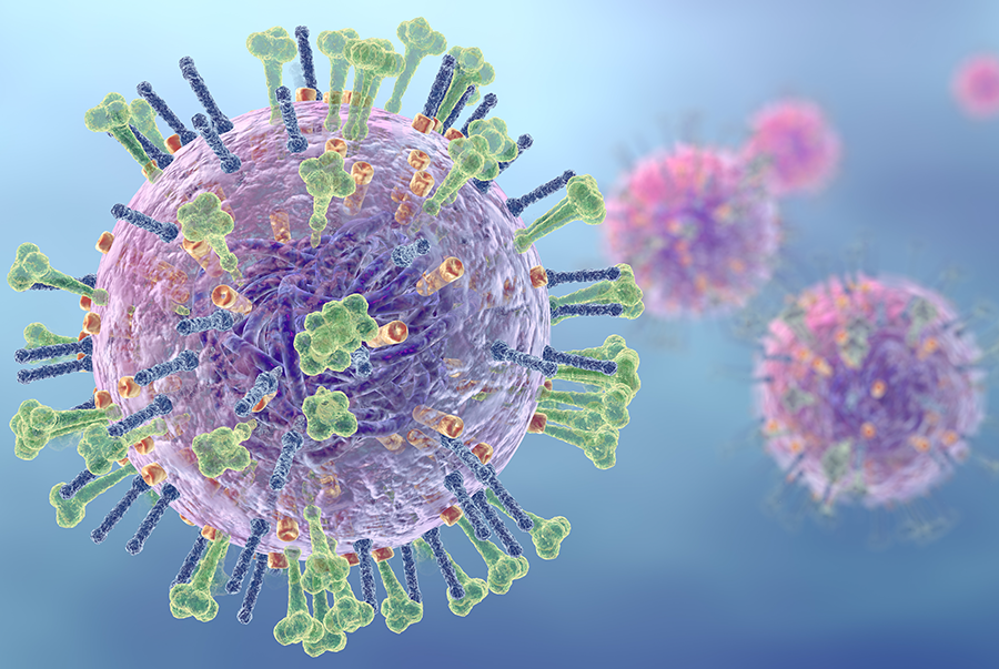 An AI generated illustration of a spherical influenza virus with spike-like surface proteins.