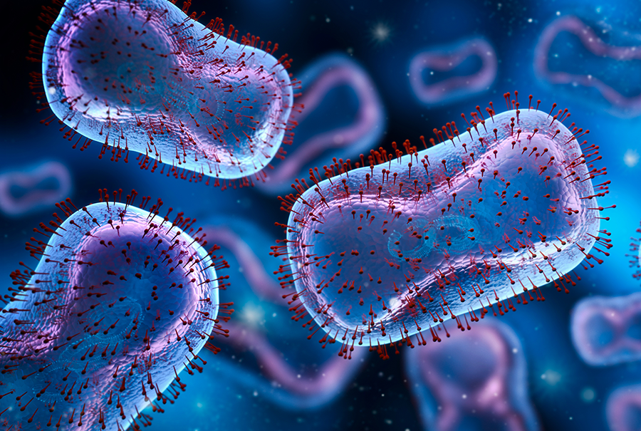 AI generated image of a close-up illustration of oval-shaped viruses with short red spike-like protrusions against a blue background.