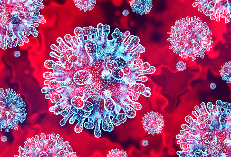 An AI generated image of microscopic view of spherical viruses with spiky protrusions against a red background.