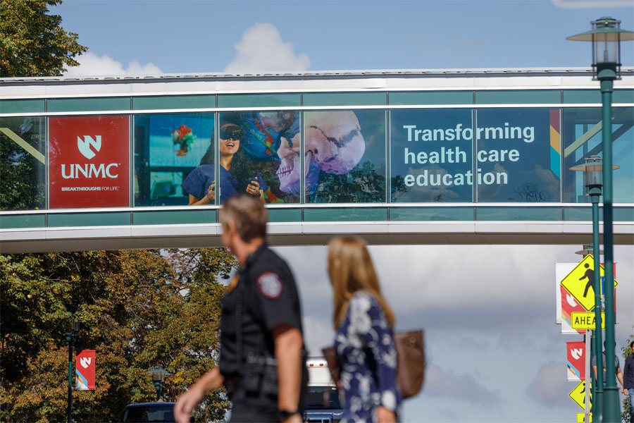 iEXCEL banner on UNMC skywalk
