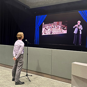 person interacting with hologram