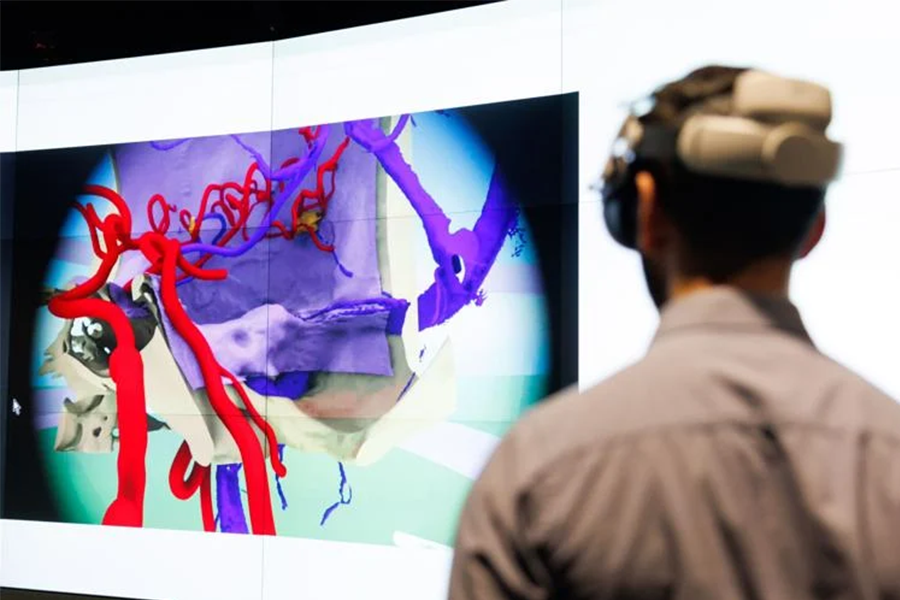 Person wearing a head mounted display with a 3D image of brain anatomy displayed in the background 