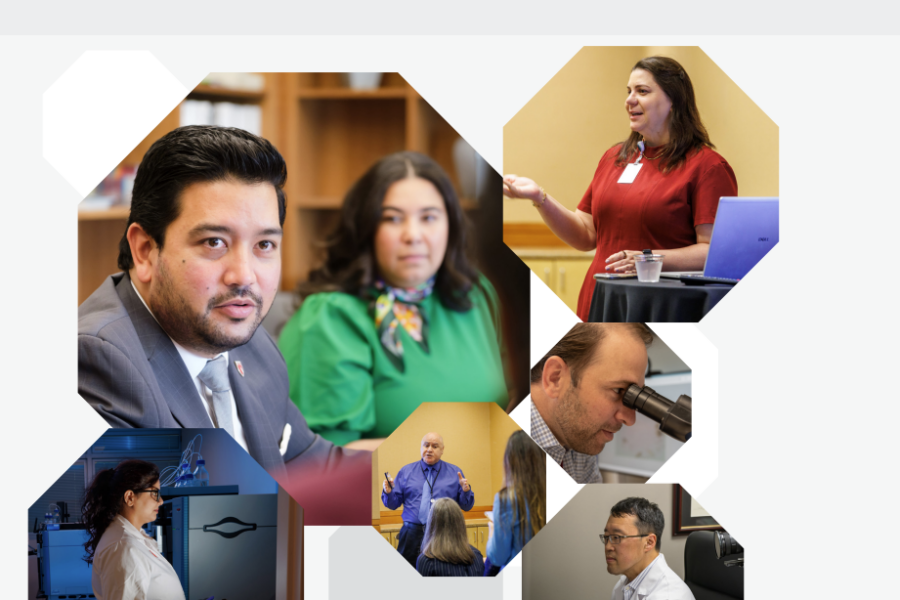 UNMC College of Medicine Promotion & Tenure Planner. A series of photos of faculty in action. Presenting/teaching in classes, conducting meetings, and in the lab.