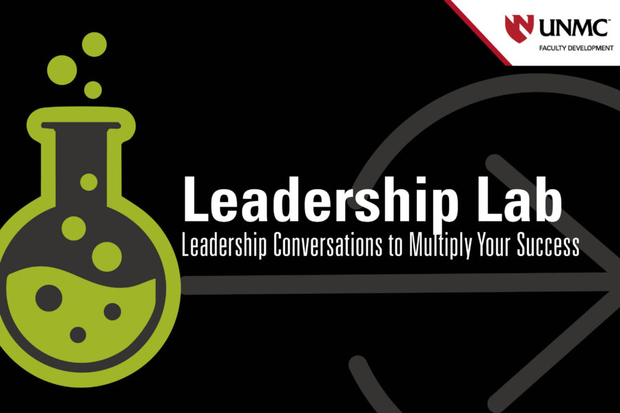 A green bubbling beaker with the text "Leadership Lab: Leadership conversations to multiply your success."