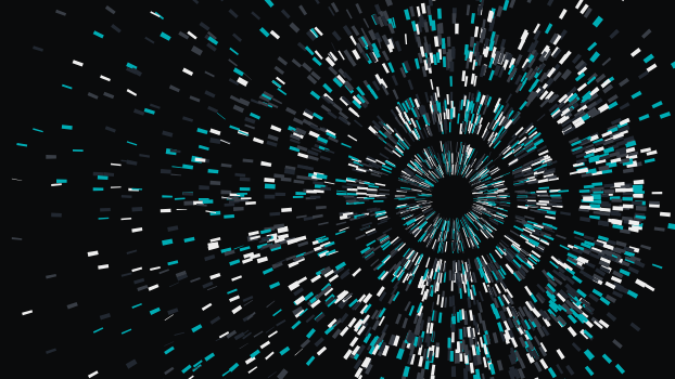 An explosion of white and light blue pixels on a black background
