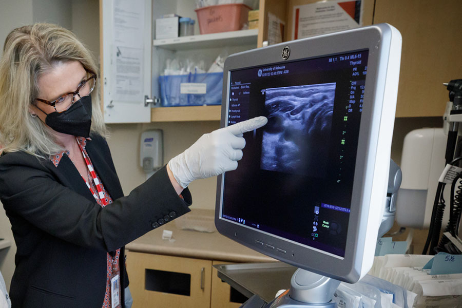 Whitney Goldner, MD pointing at computer screen