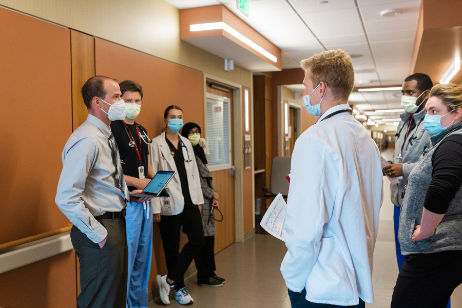 Residents rounding in Werner Hospital in the Buffett Cancer Center at UNMC