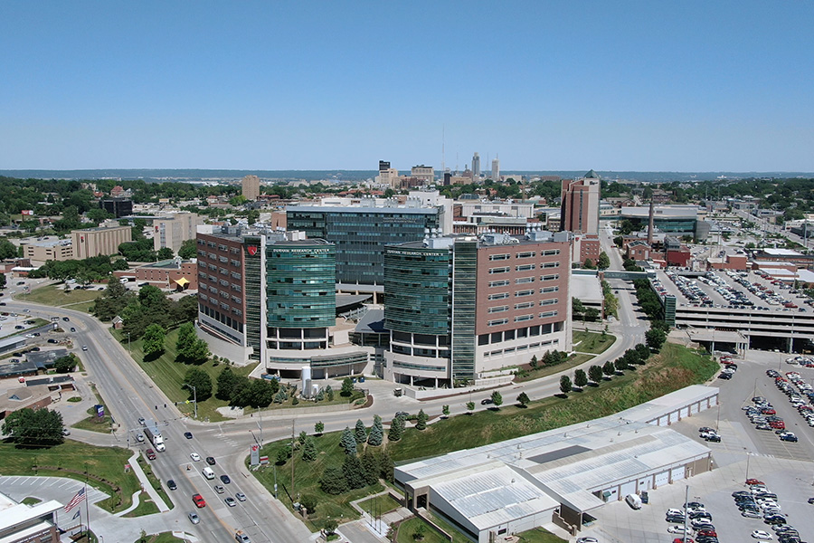 An aerial view of the main UNMC campus looking toward downtown Omaha.