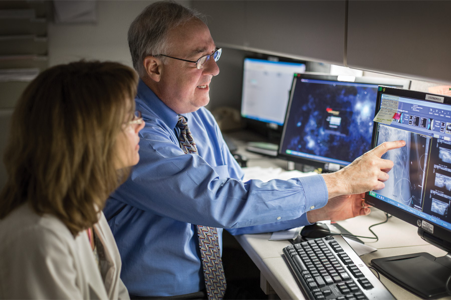 Faculty member discusses results on a computer screen
