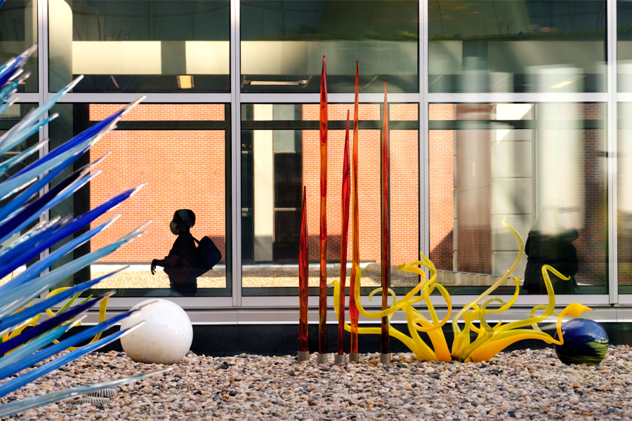 Glass artwork outside the Fred and Pamela Buffett Cancer Center