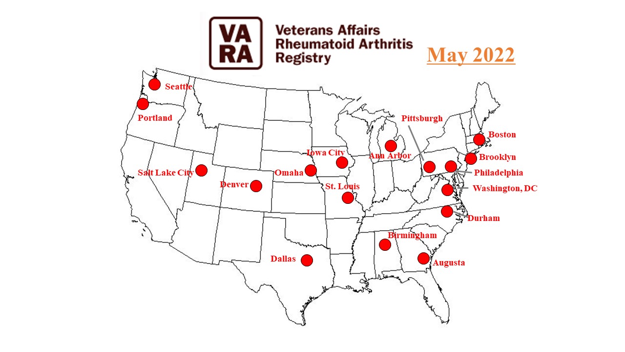US map showing VARA sites in 17 cities, as of May 2022: Seattle, Portland, Salt Lake City, Denver, Dallas, Omaha, Iowa City, St. Louis, Birmingham, Ann Arbor, Augusta, Durham, Washington D.C., Philadelphia, Pittsburgh, Brooklyn and Boston.