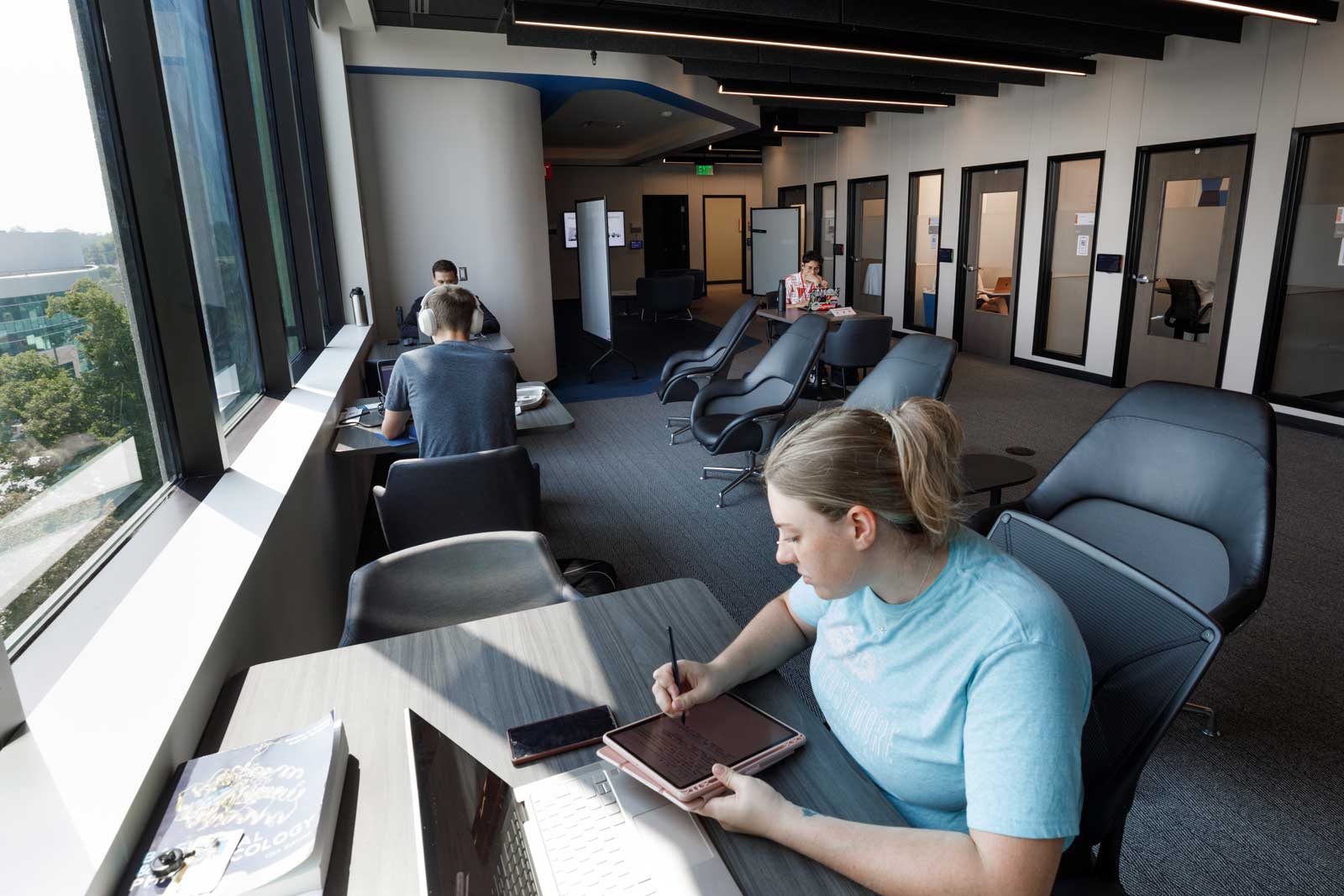 Students studying with study rooms in the background.