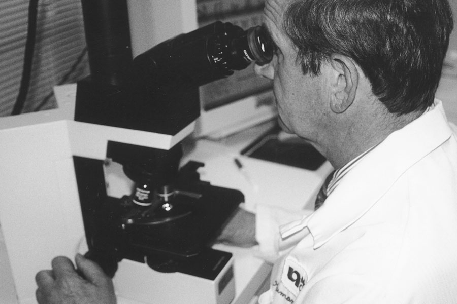 Dr. Warren Sanger, circa 1980, at microscope.