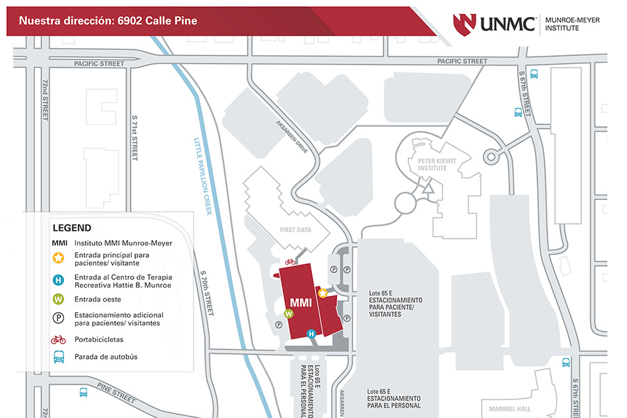 MMI map illustration with Legend and building entrance labels in Spanish.