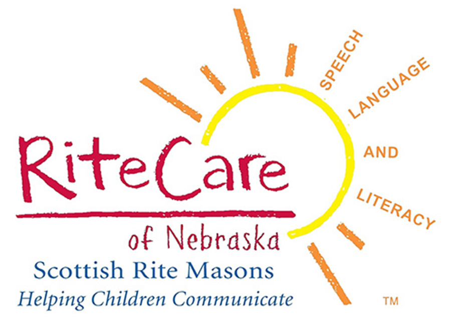 RiteCare of Nebraska | Scottish Rite Nebraska logo; yellow sun, orange rays and text reads Speech, Language and Literacy, Scottish Rite Masons Helping Children Communicate. 
