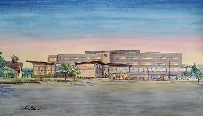Vibrant watercolor painting of Munroe-Meyer Institute building landscape; artist Leisa Collins 2021