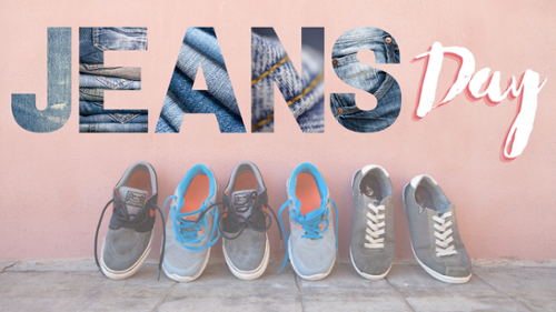 stock photo: pink faded background with three pairs of canvas tennis shoes propped up against a wall so you can see inside the shoe; text overlay: Jeans Day