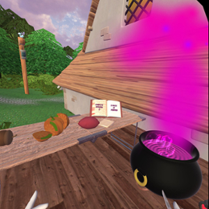 VR view of a mini-game in HABIT-VR where food is chopped up to make potions in a magical forest.