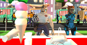 VR view of a mini-game in HABIT-VR where ice cream cones are served to customers at an ice cream truck.