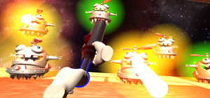 VR view of a mini-game in HABIT-VR where rockets are fired at robots in space.
