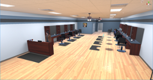 VR view of the front desk and haircut booths of a virtual hair salon.