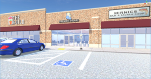VR view of the entrance to the hair salon from the parking lot. The hair salon has a logo of a cartoon sheep and is named Premier Shears.