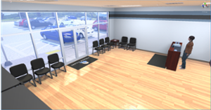 VR view of waiting room and front desk area of a virtual hair salon.