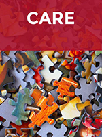 Illustration: background red and puzzle pieces; text: CARE